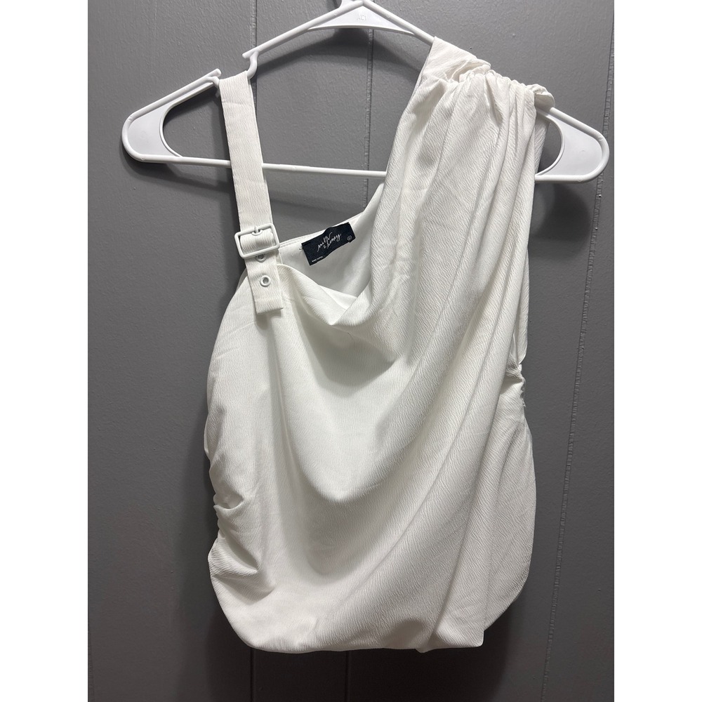Milk & Honey White One Shoulder Draped Buckle Strap Top Medium Asymmetrical